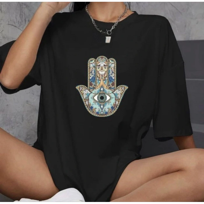 UNİSEX BİSİKLET YAKA BASKILI OVERSİZE T-SHİRT - SİYAH