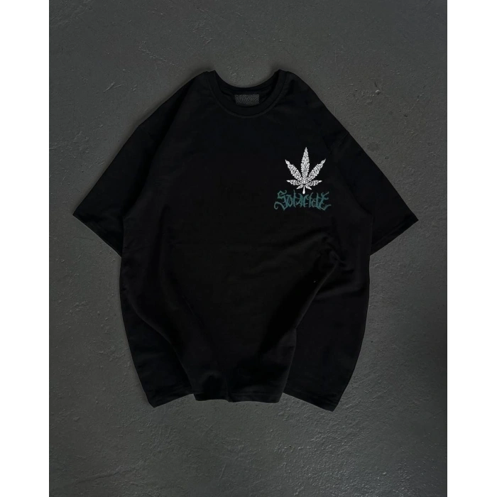 UNİSEX BİSİKLET YAKA BASKILI OVERSİZE T-SHİRT - SİYAH