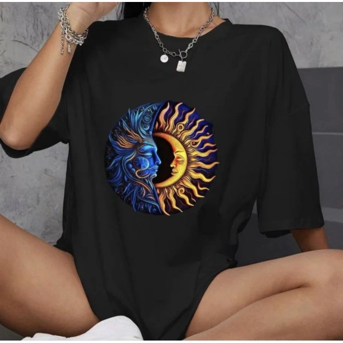 UNİSEX BİSİKLET YAKA BASKILI OVERSİZE T-SHİRT - SİYAH