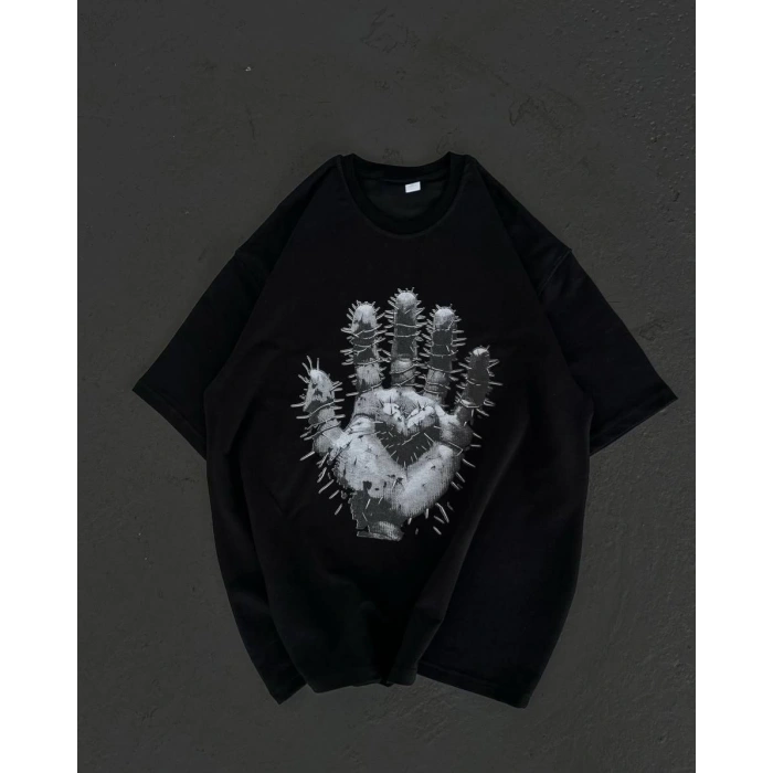 UNİSEX BİSİKLET YAKA BASKILI OVERSİZE T-SHİRT - SİYAH