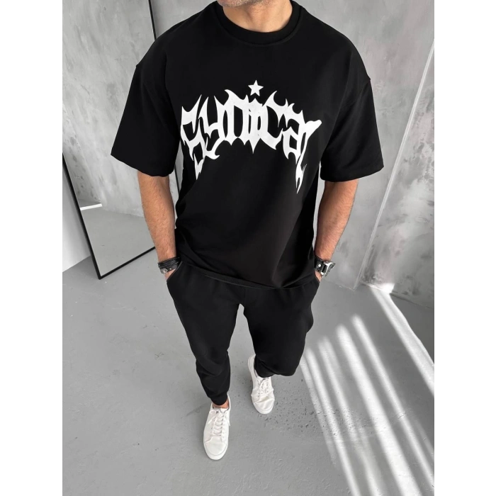 Unisex Bisiklet Yaka Baskılı Oversize T-Shirt - Siyah