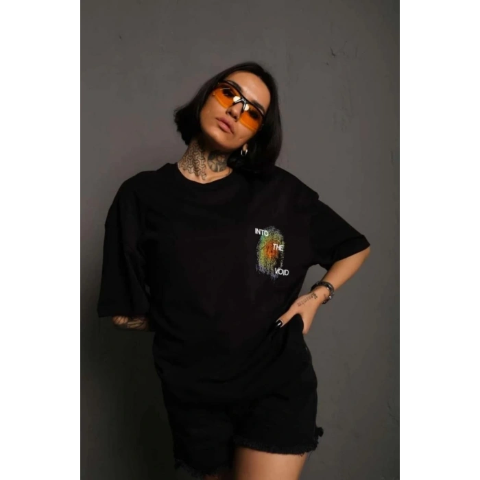 UNİSEX BİSİKLET YAKA BASKILI OVERSİZE T-SHİRT - SİYAH