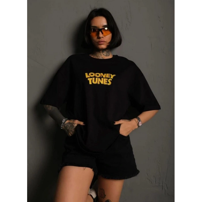 UNİSEX BİSİKLET YAKA BASKILI OVERSİZE T-SHİRT - SİYAH