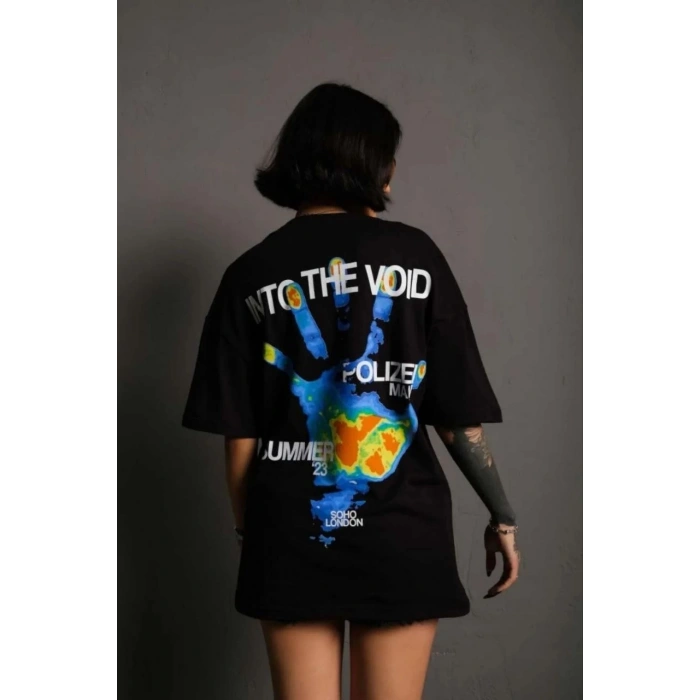 UNİSEX BİSİKLET YAKA BASKILI OVERSİZE T-SHİRT - SİYAH