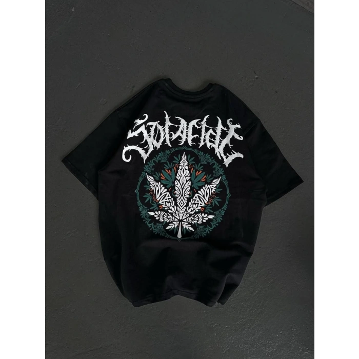 UNİSEX BİSİKLET YAKA BASKILI OVERSİZE T-SHİRT - SİYAH