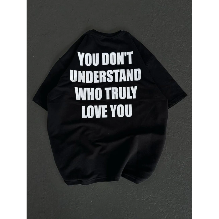 UNİSEX BİSİKLET YAKA BASKILI OVERSİZE T-SHİRT - SİYAH