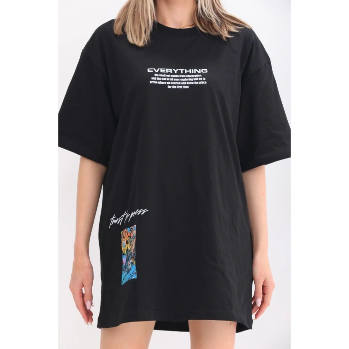 UNİSEX BİSİKLET YAKA BASKILI OVERSİZE T-SHİRT - SİYAH