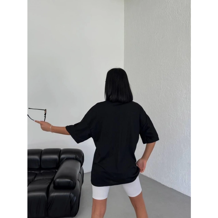 UNİSEX BİSİKLET YAKA BASKILI OVERSİZE T-SHİRT - SİYAH