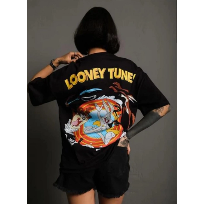 UNİSEX BİSİKLET YAKA BASKILI OVERSİZE T-SHİRT - SİYAH