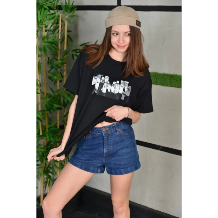 UNİSEX BİSİKLET YAKA BASKILI OVERSİZE T-SHİRT - SİYAH