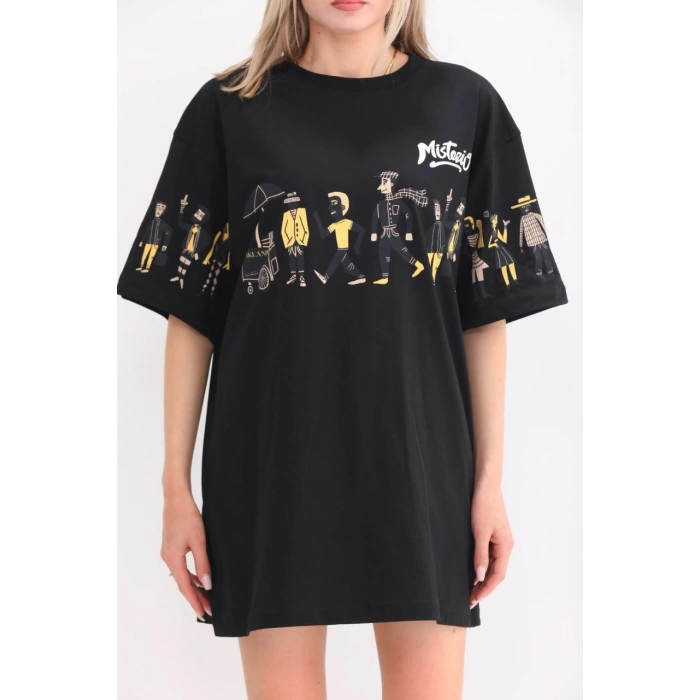 UNİSEX BİSİKLET YAKA BASKILI OVERSİZE T-SHİRT - SİYAH