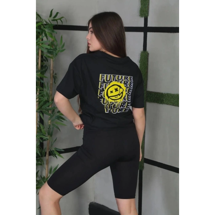 UNİSEX BİSİKLET YAKA BASKILI OVERSİZE T-SHİRT - SİYAH