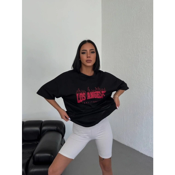 UNİSEX BİSİKLET YAKA BASKILI OVERSİZE T-SHİRT - SİYAH