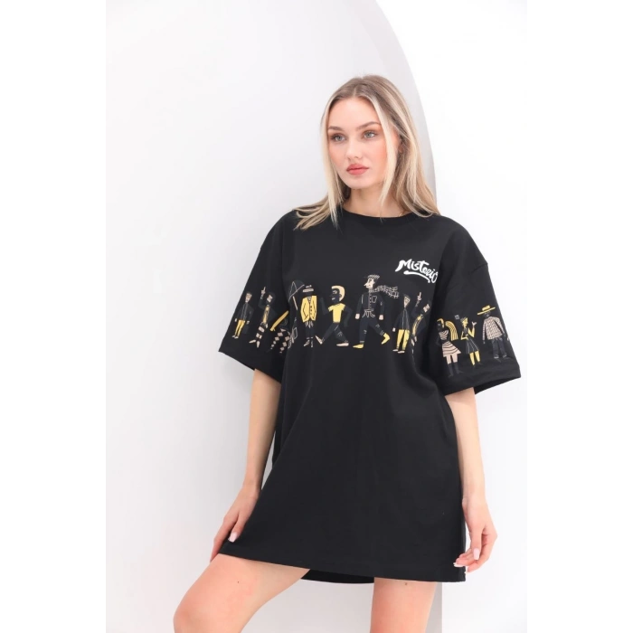 UNİSEX BİSİKLET YAKA BASKILI OVERSİZE T-SHİRT - SİYAH