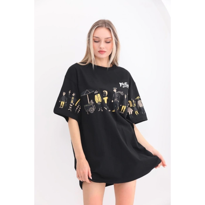 UNİSEX BİSİKLET YAKA BASKILI OVERSİZE T-SHİRT - SİYAH