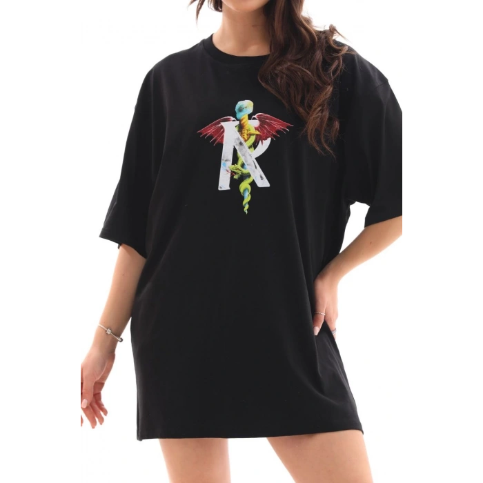 UNİSEX BİSİKLET YAKA BASKILI OVERSİZE T-SHİRT - SİYAH