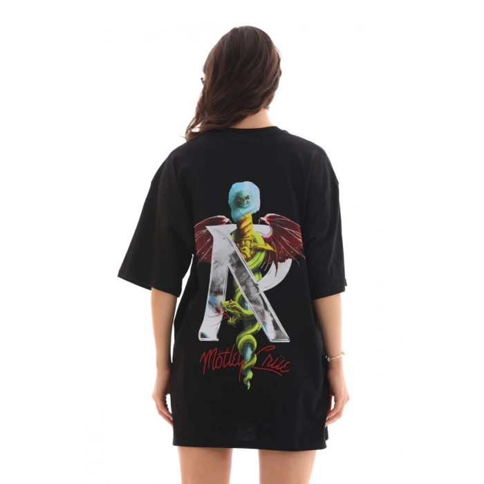 UNİSEX BİSİKLET YAKA BASKILI OVERSİZE T-SHİRT - SİYAH