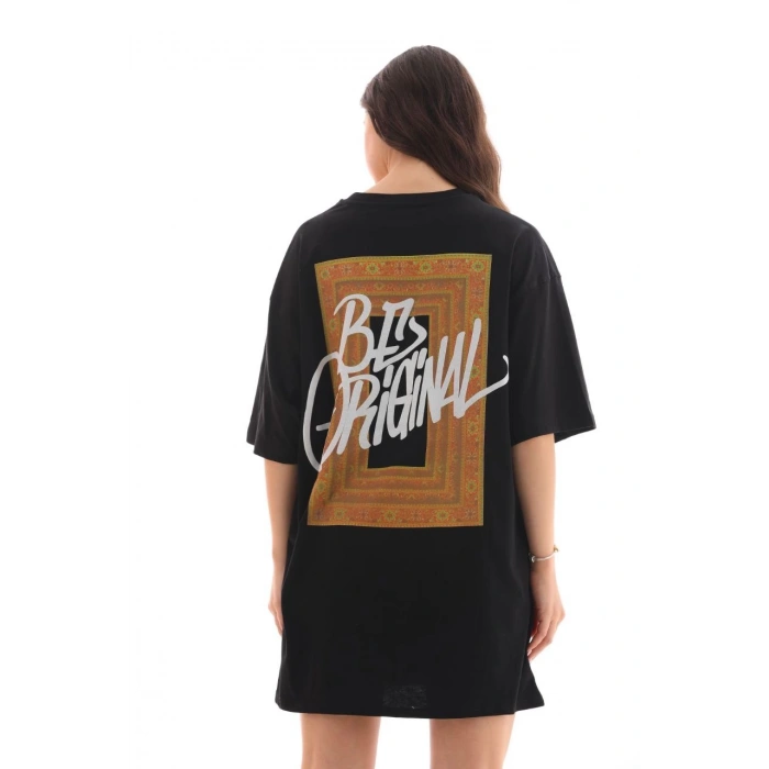 UNİSEX BİSİKLET YAKA BASKILI OVERSİZE T-SHİRT - SİYAH