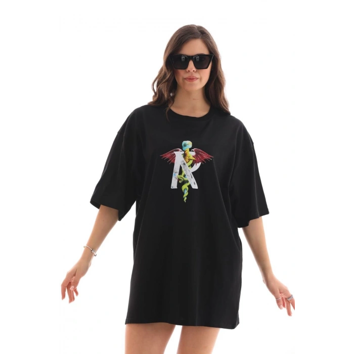 UNİSEX BİSİKLET YAKA BASKILI OVERSİZE T-SHİRT - SİYAH