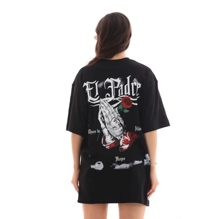 UNİSEX BİSİKLET YAKA BASKILI OVERSİZE T-SHİRT - SİYAH