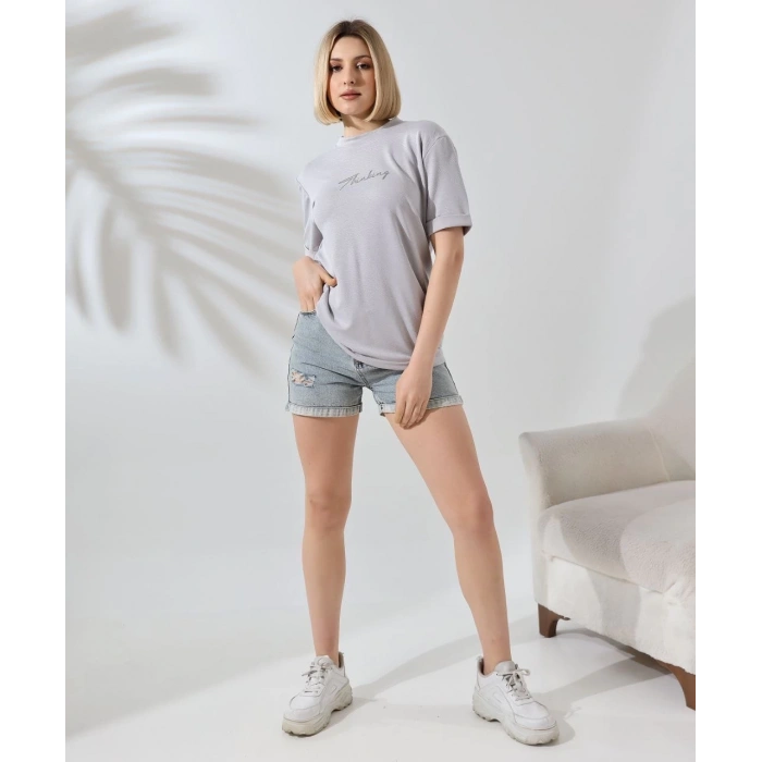 UNİSEX BİSİKLET YAKA BASKILI SLİM FİT T-SHİRT - BOYALI GRİ