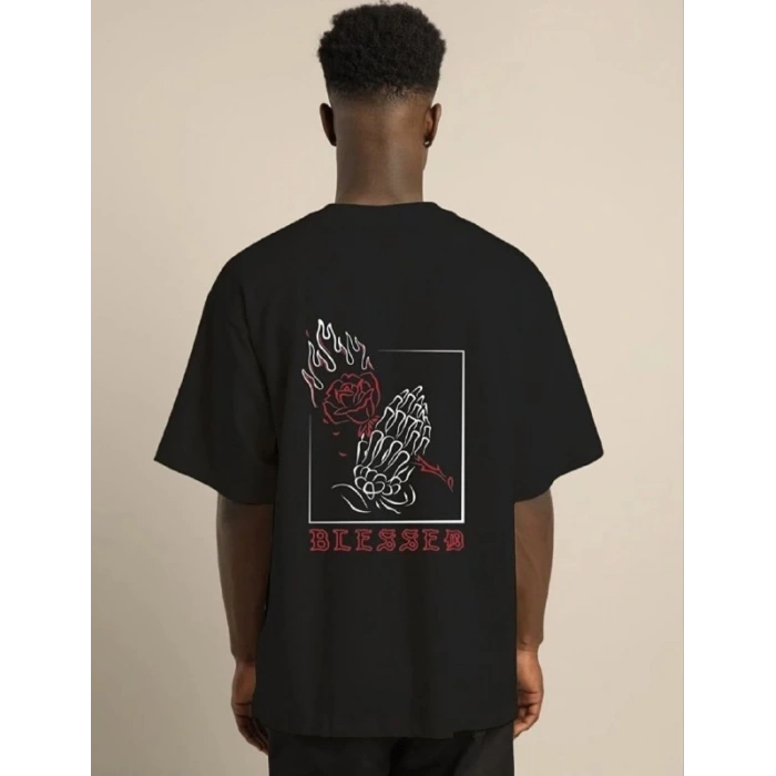 Unisex Bisiklet Yaka Oversize Baskılı T-Shirt - Siyah