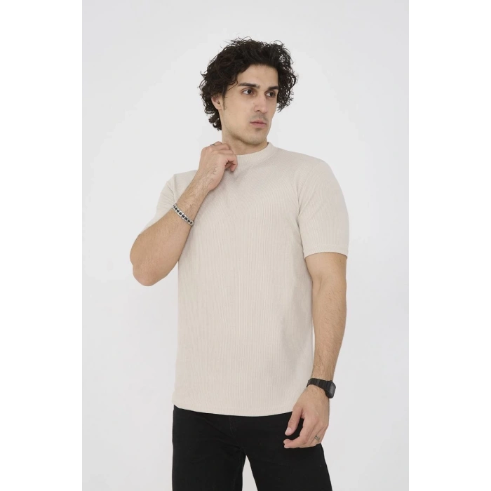 Unisex Bisiklet Yaka Slim fit T-Shirt- Bej