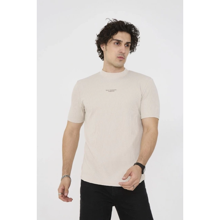 Unisex Bisiklet Yaka Slim fit T-Shirt- Bej