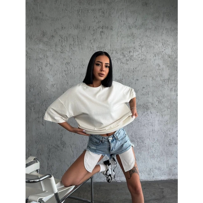 UNİSEX DÜZ BİSKİLET YAKA OVERSİZE T-SHİRT - BEYAZ
