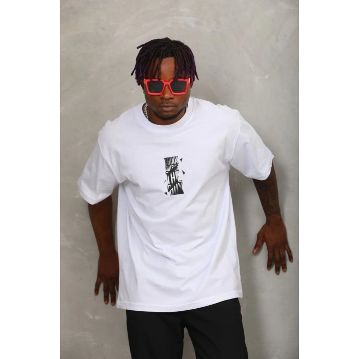 Unisex Oversize Baskılı Bisiklet Yaka T-Shirt - Beyaz