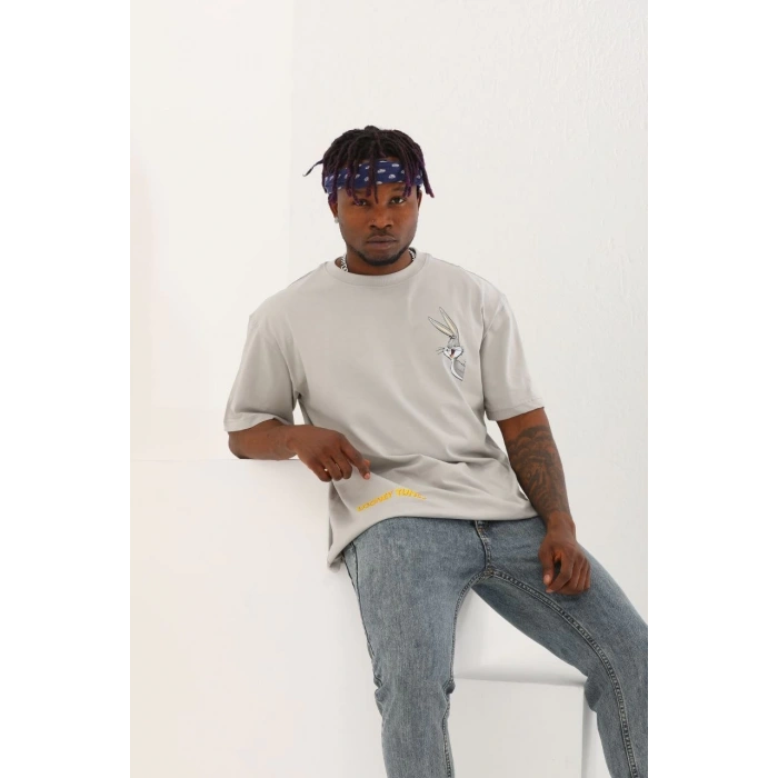 Unisex Oversize Baskılı Bisiklet Yaka T-Shirt - Gri