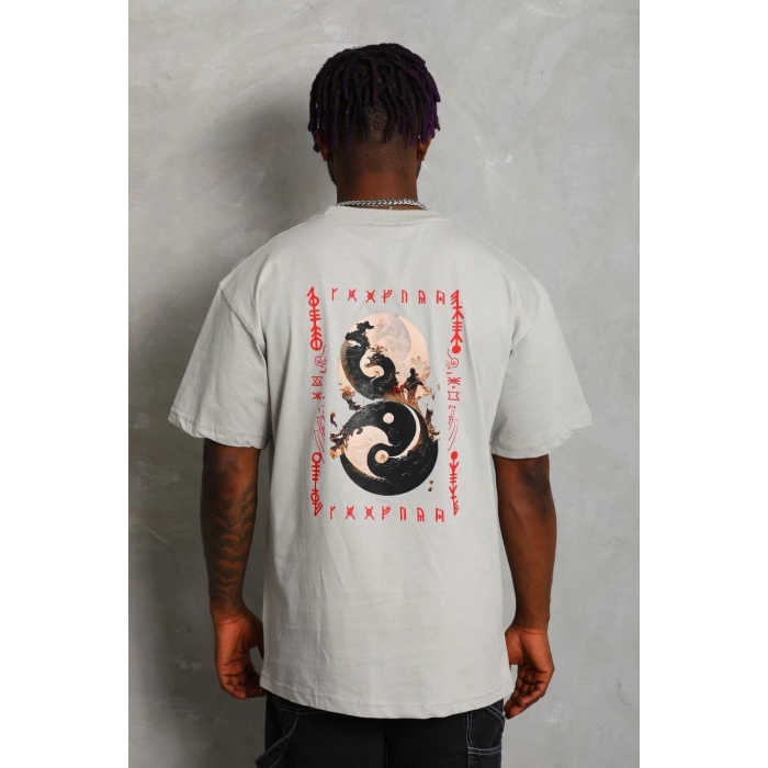 Unisex Oversize Baskılı Bisiklet Yaka T-Shirt - Gri