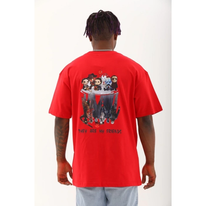 Unisex Oversize Baskılı Bisiklet Yaka T-Shirt - Kırmızı