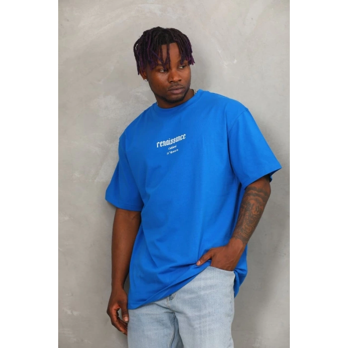 Unisex Oversize Baskılı Bisiklet Yaka T-Shirt - Mavi