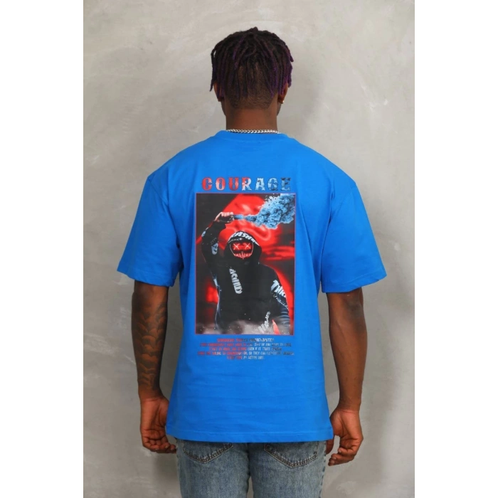 Unisex Oversize Baskılı Bisiklet Yaka T-Shirt - Mavi