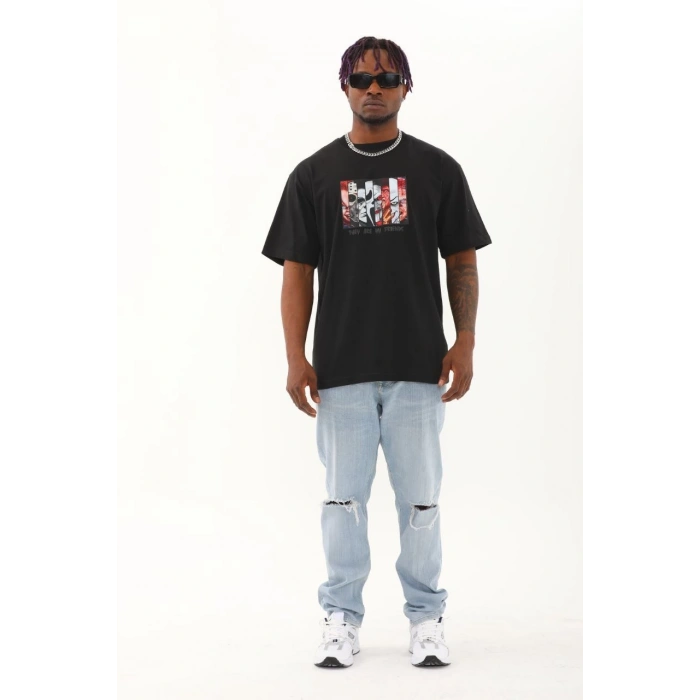 Unisex Oversize Baskılı Bisiklet Yaka T-Shirt - Siyah