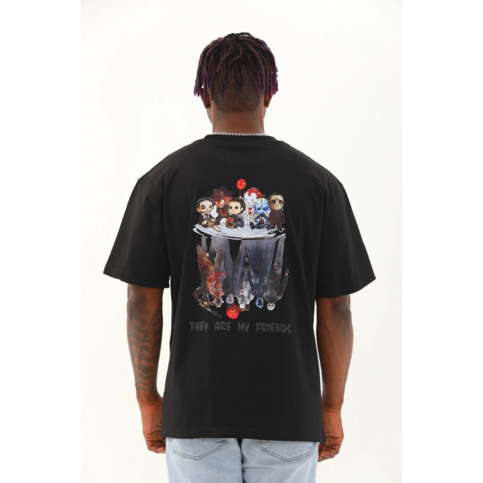 Unisex Oversize Baskılı Bisiklet Yaka T-Shirt - Siyah