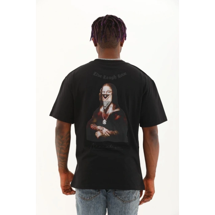 Unisex Oversize Baskılı Bisiklet Yaka T-Shirt - Siyah