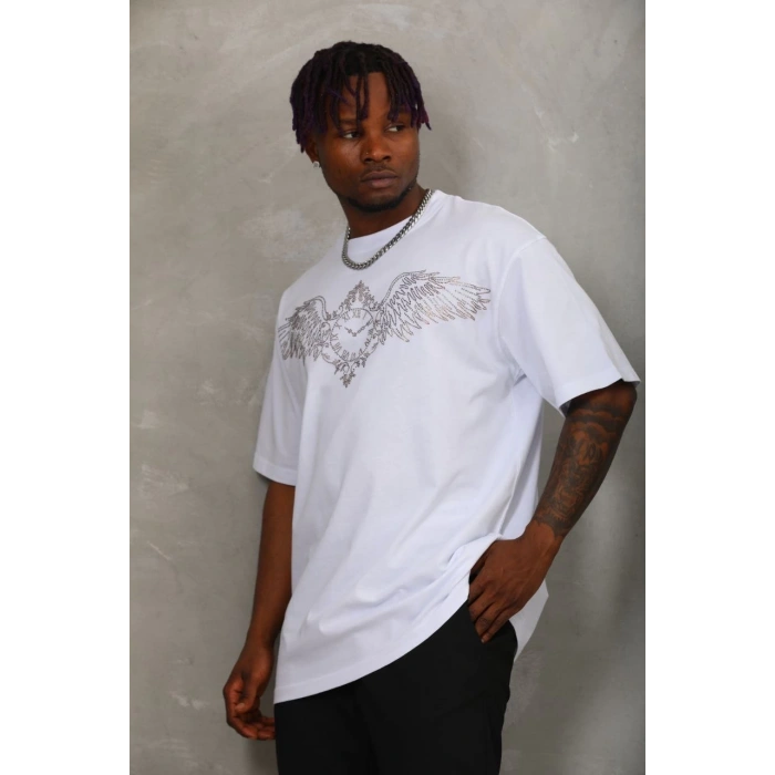 Unisex Oversize Taşlı Bisiklet Yaka T-Shirt - Beyaz