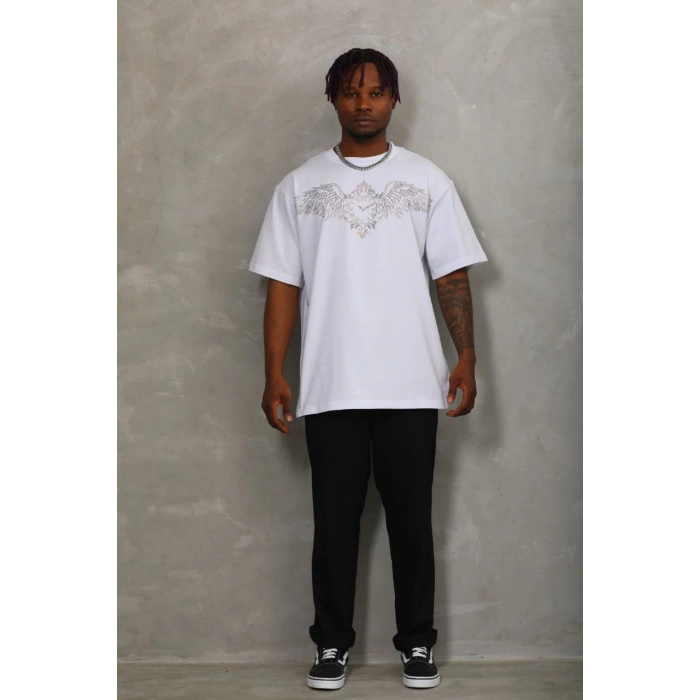 Unisex Oversize Taşlı Bisiklet Yaka T-Shirt - Beyaz