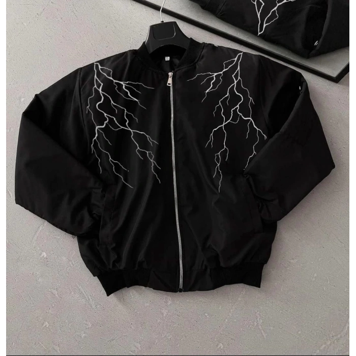 UNİSEX SİYAH BOMBER MONT – BEYAZ ŞİMŞEK DESENLİ, FERMUARLI CEPLİ, KAPİTONE ASTARLI SOKAK STİLİ GÜNLÜK CEKET - SİYAH