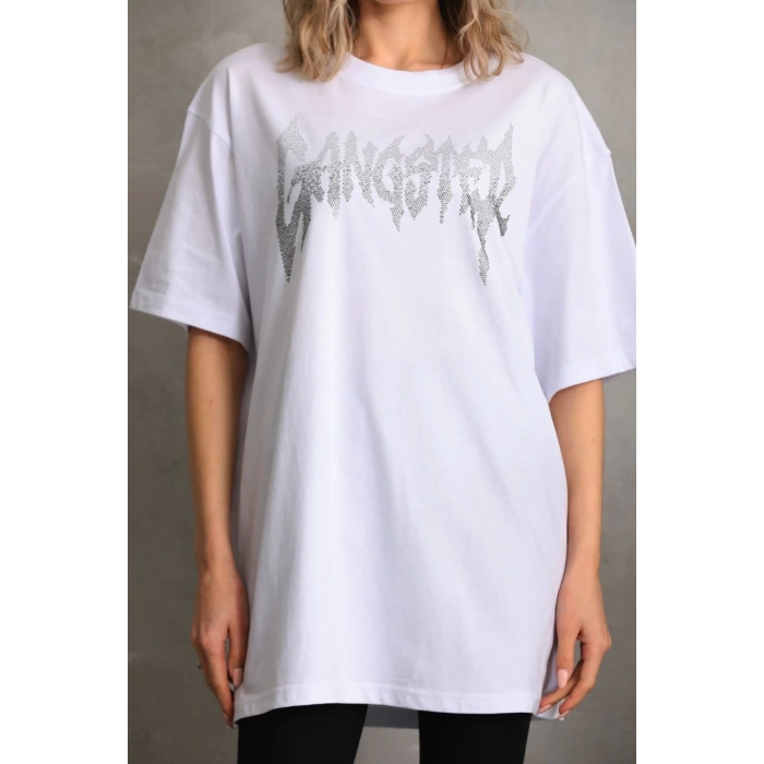 UNİSEX TAŞ DESENLİ OVERSİZE T-SHİRT - BEYAZ