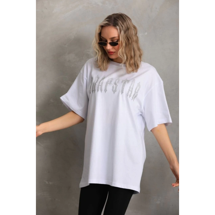 UNİSEX TAŞ DESENLİ OVERSİZE T-SHİRT - BEYAZ