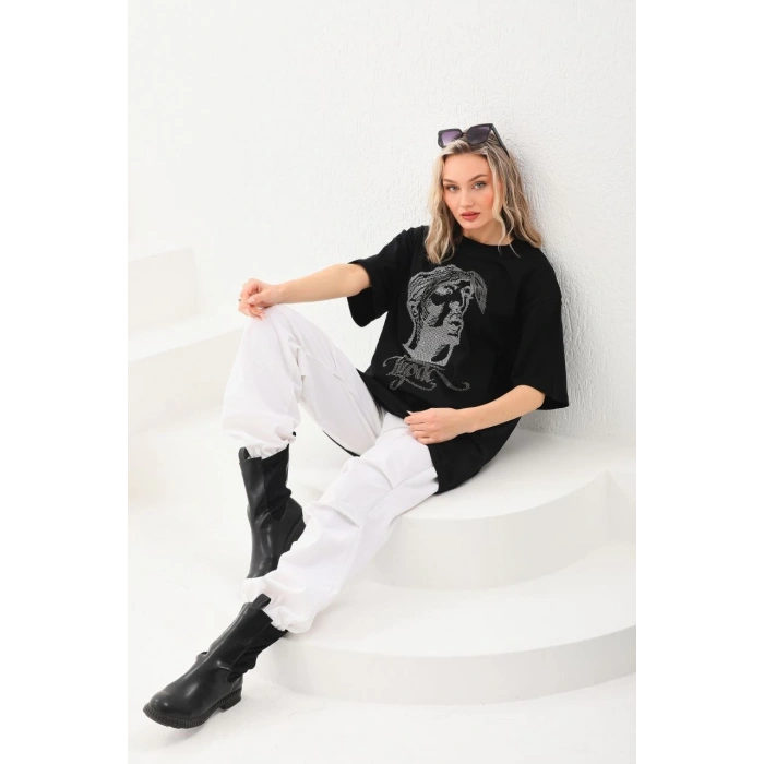 UNİSEX TAŞ DESENLİ OVERSİZE T-SHİRT - SİYAH