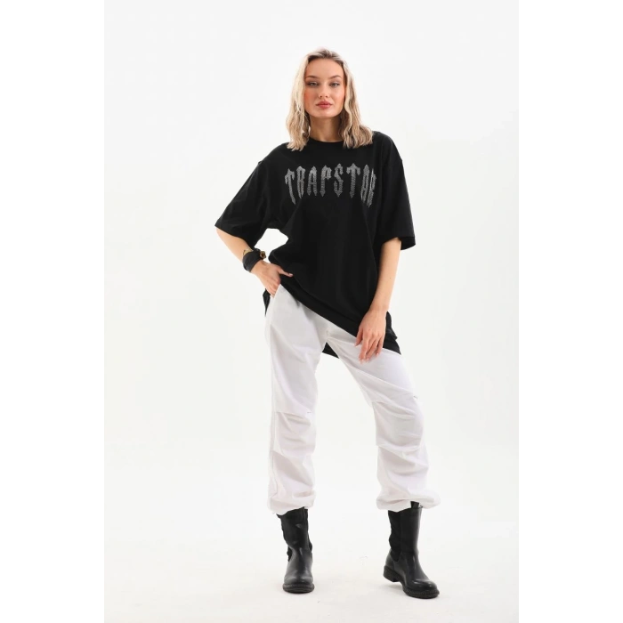 UNİSEX TAŞ DESENLİ OVERSİZE T-SHİRT - SİYAH
