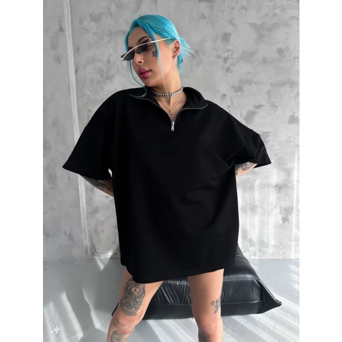 UNİSEX YARIM FERMUARLI BASİC T-SHİRT - SİYAH