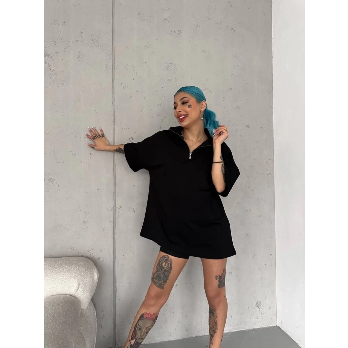 UNİSEX YARIM FERMUARLI BASİC T-SHİRT - SİYAH