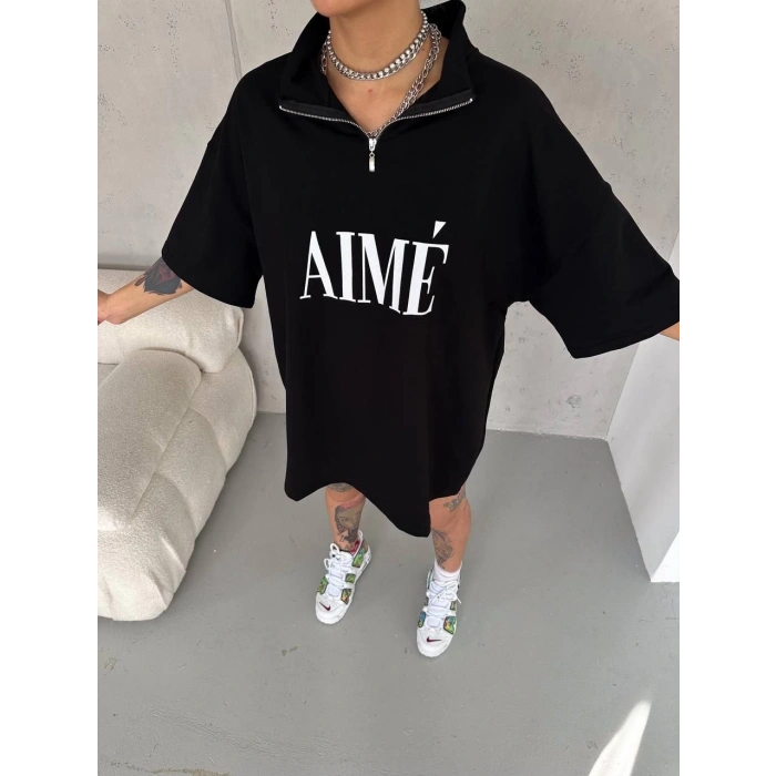 UNİSEX YARIM FERMUARLI BASKILI T-SHİRT - SİYAH