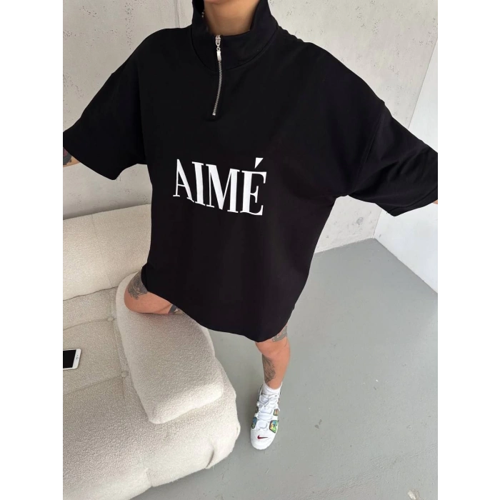 UNİSEX YARIM FERMUARLI BASKILI T-SHİRT - SİYAH