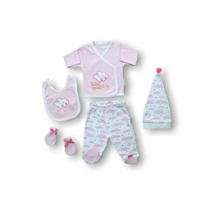 Uykucu Bulut Nakışlı  5Li Zıbın Takımı Hastane Çıkışı Pembe